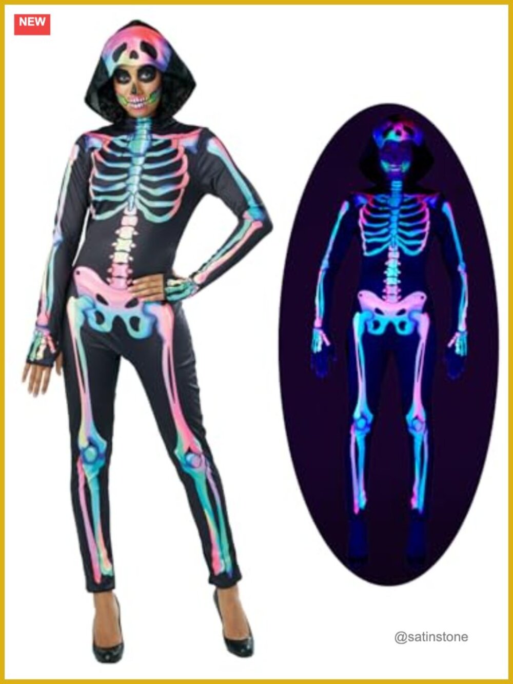 Rainbow Skeleton Jumpsuit Halloween Costume Hooded UV Black Light Party